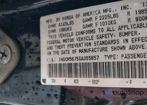 2006 Honda Accord 2.4 Ex from USA, damaged, VIN 1HGCM56756A055857